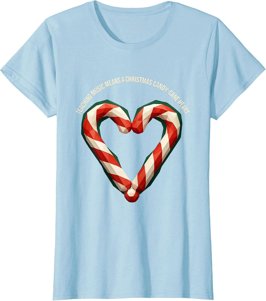 Women's Teaching Music Means A Christmas Candy-Cane Heart Teacher T-Shirt - Baby Blue