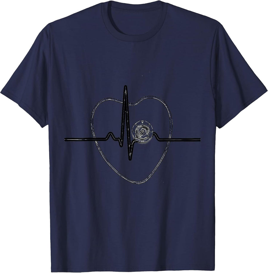 Cardiac Trace Valve Line Art Heart Survivor Humor T-Shirt - Navy Blue