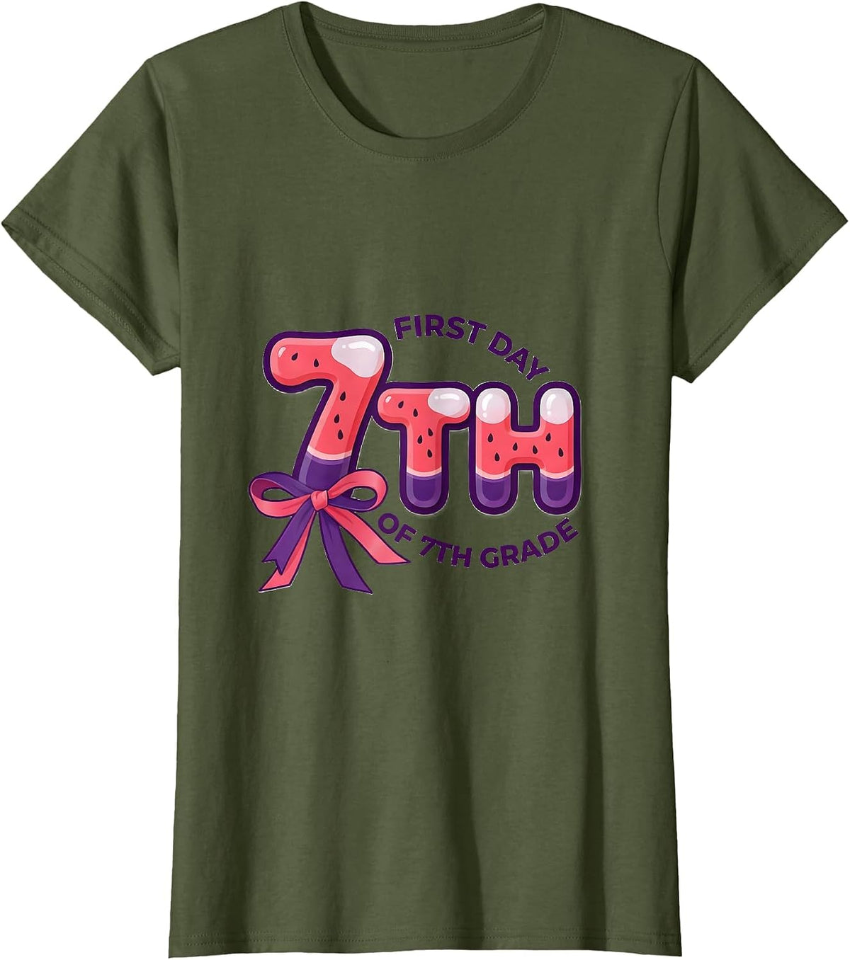 Women's First Day Of 7th Grade Coquette Bow Back To School T-Shirt - Olive Green
