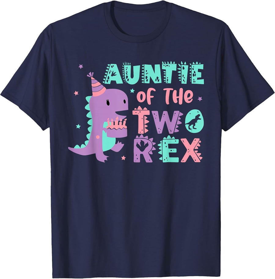 Auntie of the Two Rex Birthday Dinosaur Family Matching T-Shirt - Navy Blue
