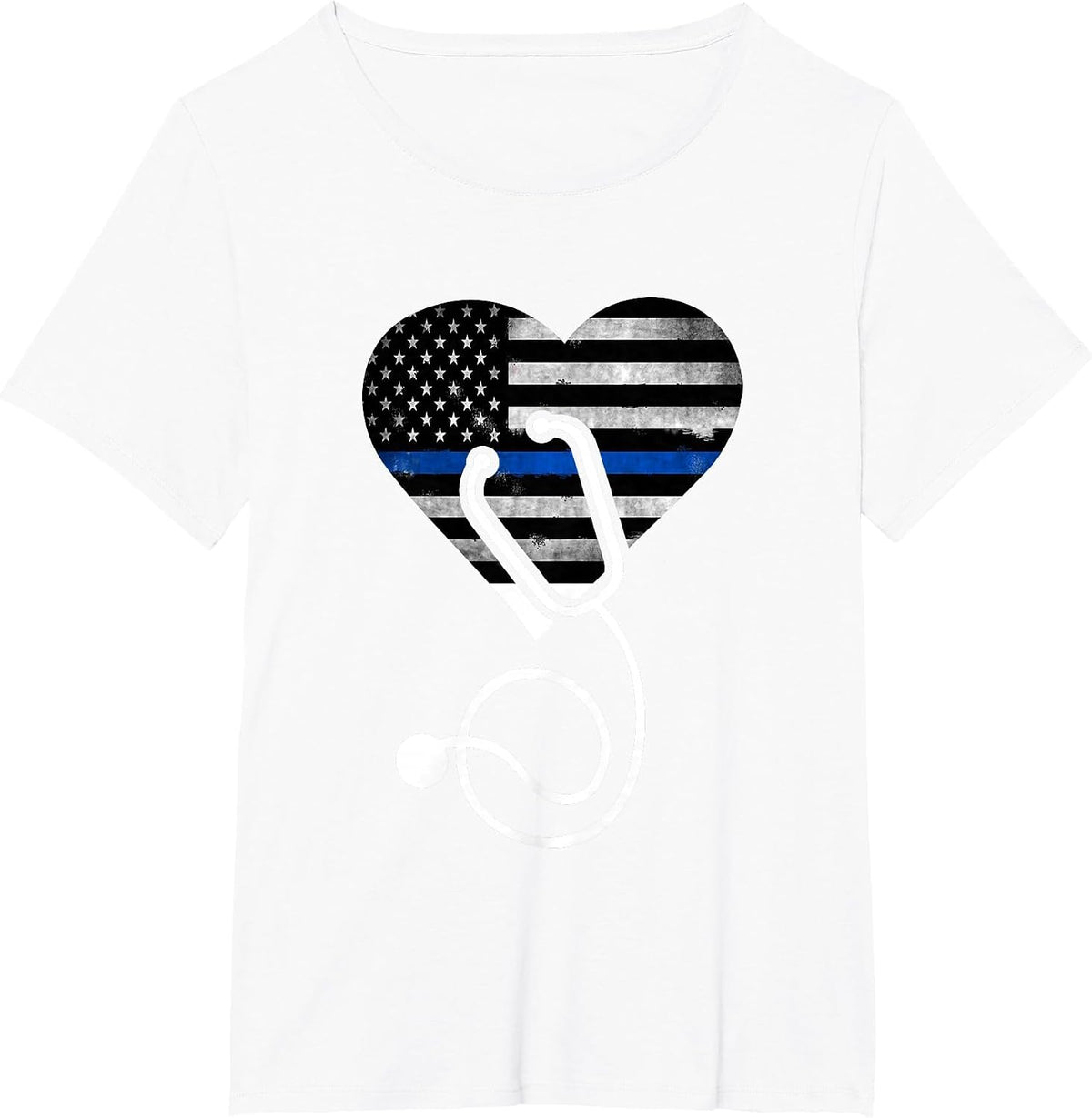 American Flag Heart with Police Thin Blue Line Nurse RN LVN T-Shirt - White