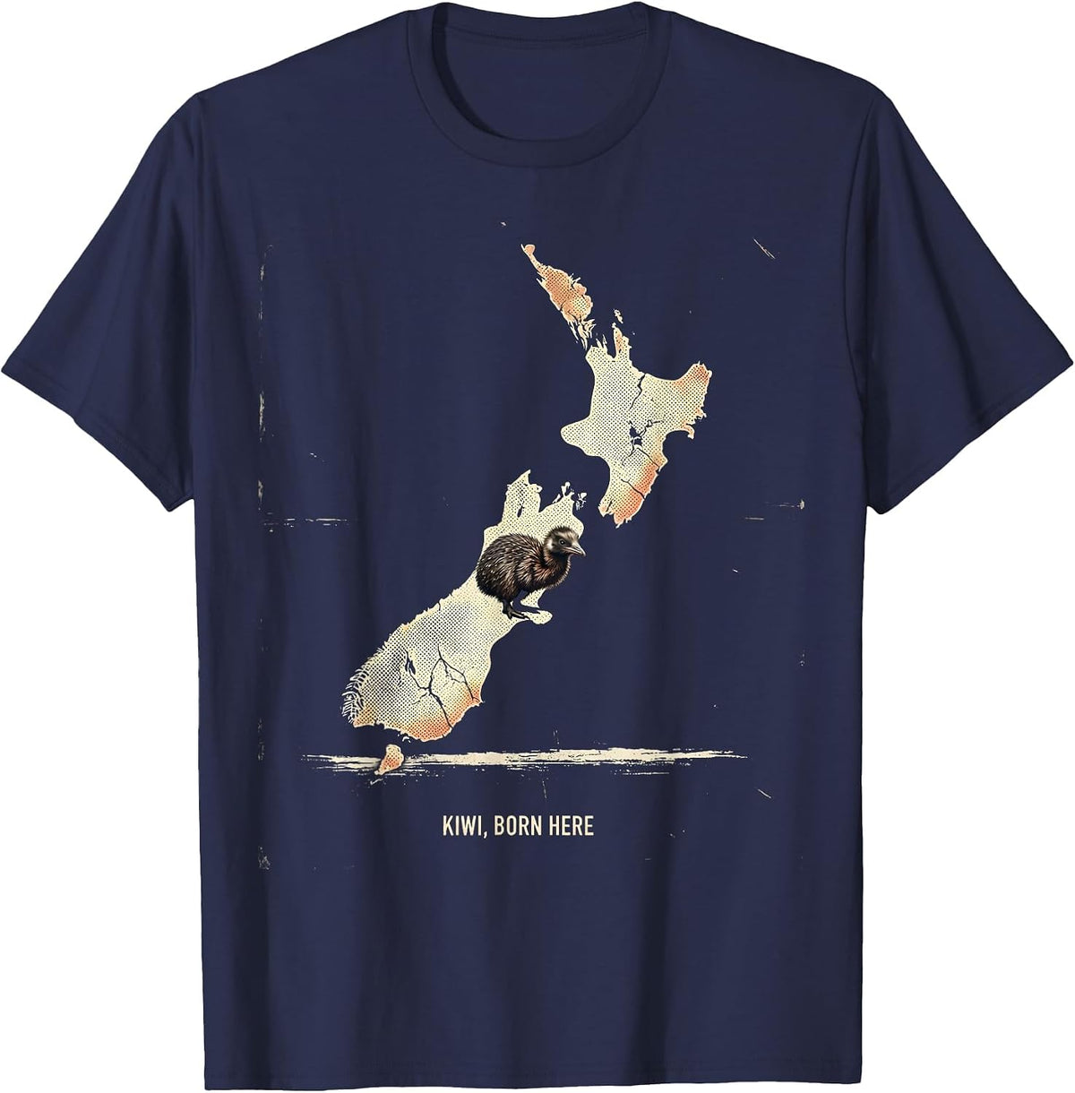 Men's Kiwi Born Here Distressed New Zealand Map Bird Lover Gift T-Shirt - Navy Blue