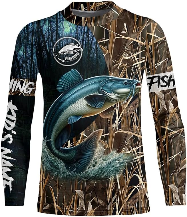 Catfish Fishing Camo Performance Fishing Shirt UV Protection Custom Name Long Sleeves Fishing Shirt - Kid Long Sleeves Upf