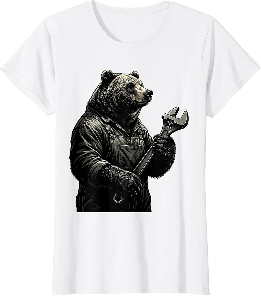 Women's Bear Mechanic in Coveralls Wrench Graphic T-Shirt - White