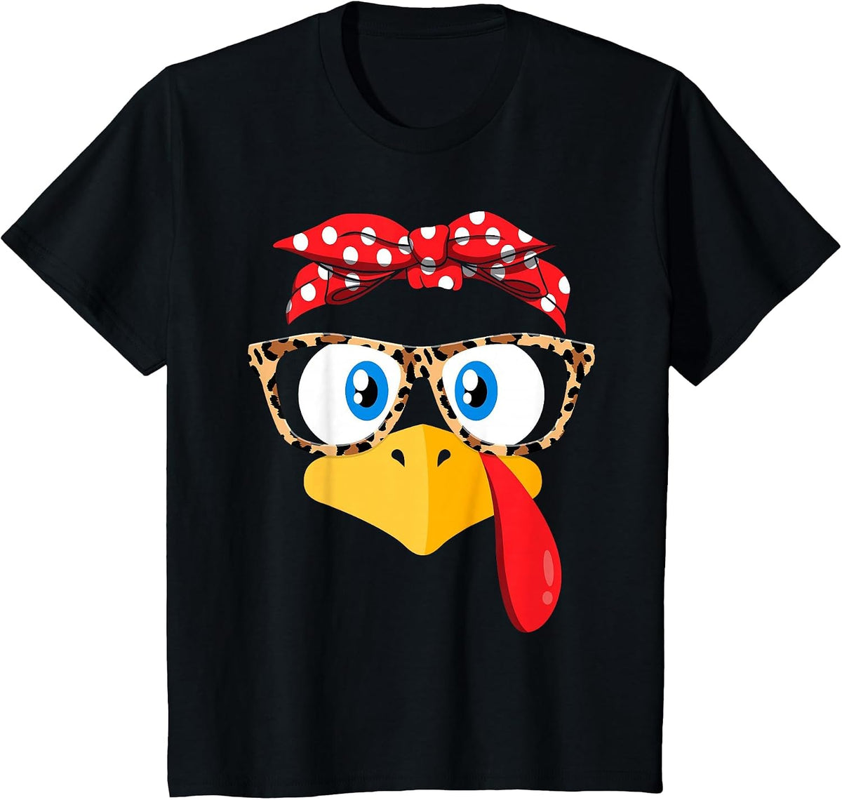 Thanksgiving Turkey Face Leopard Print Glasses Women Girls T-Shirt - Black