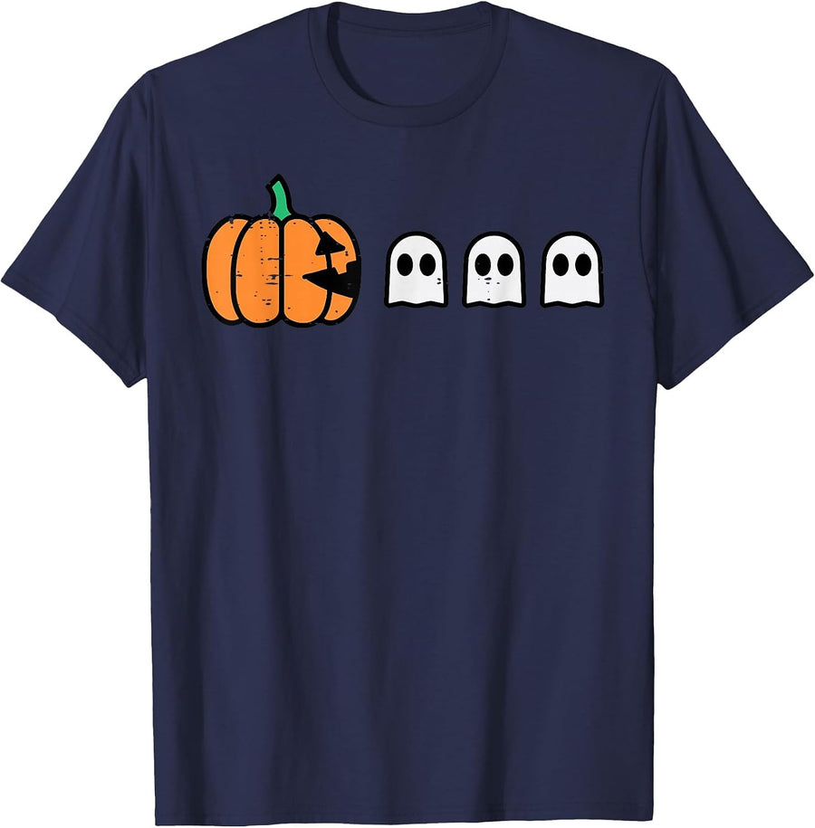 Halloween Gamer Pumpkin Eating Ghost Costume Men Boys Kids T-Shirt - Navy Blue