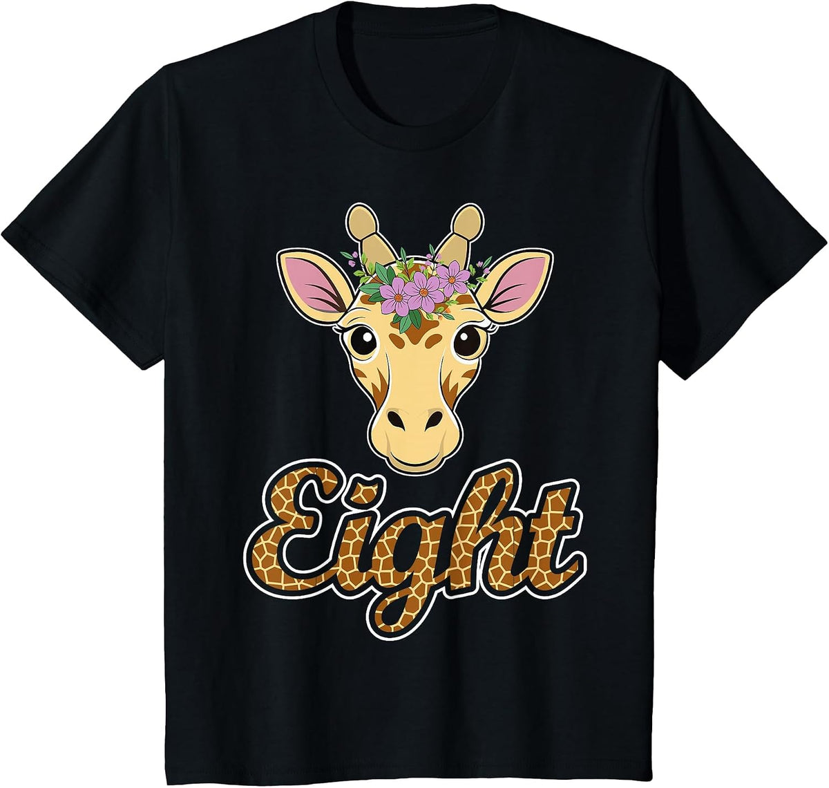 Kids Eight Years Old Cute Giraffe Lover 8th Birthday Party T-Shirt - Black