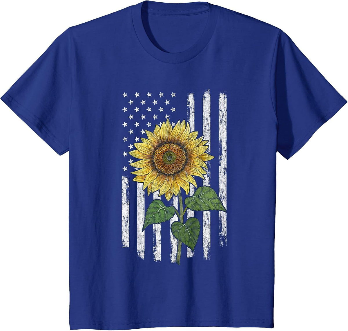 Distressed USA Flag American Flag Yellow Sunflower Summer T-Shirt - Royal Blue