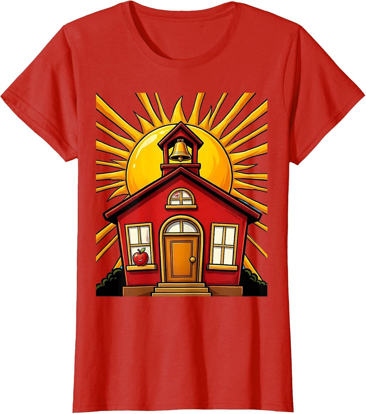 5th Grade Teacher Schoolhouse Sunrise Graphic T-Shirt - Red