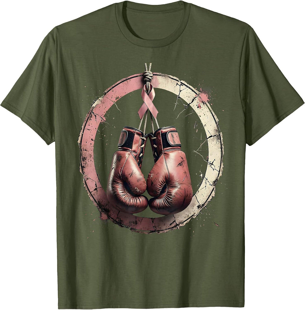 Men's Pink Ribbon Boxing Gloves Breast Cancer Awareness T-Shirt - Olive Green