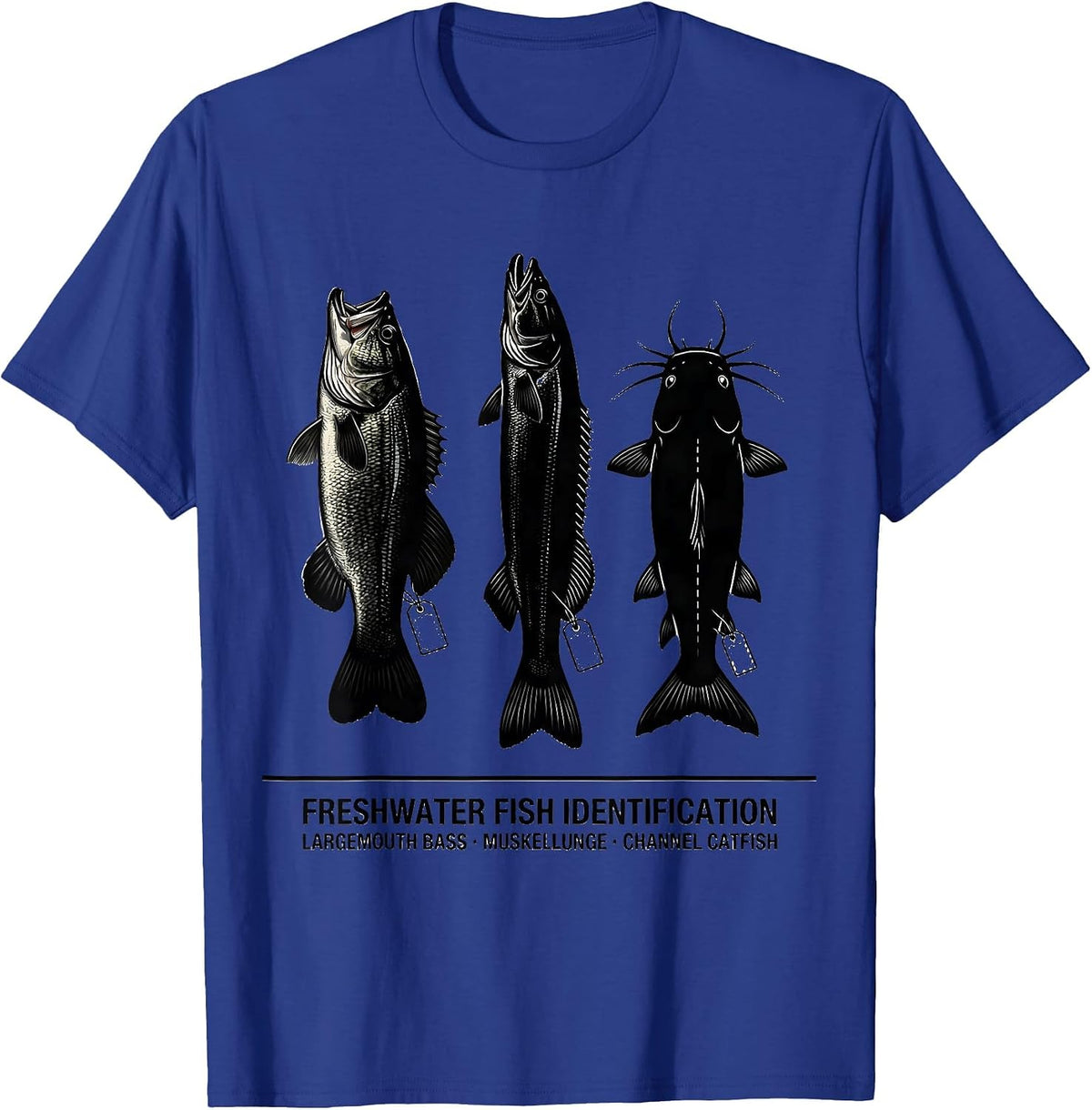Men's Freshwater Fish ID Chart Largemouth Bass Muskellunge Catfish T-Shirt - Royal Blue