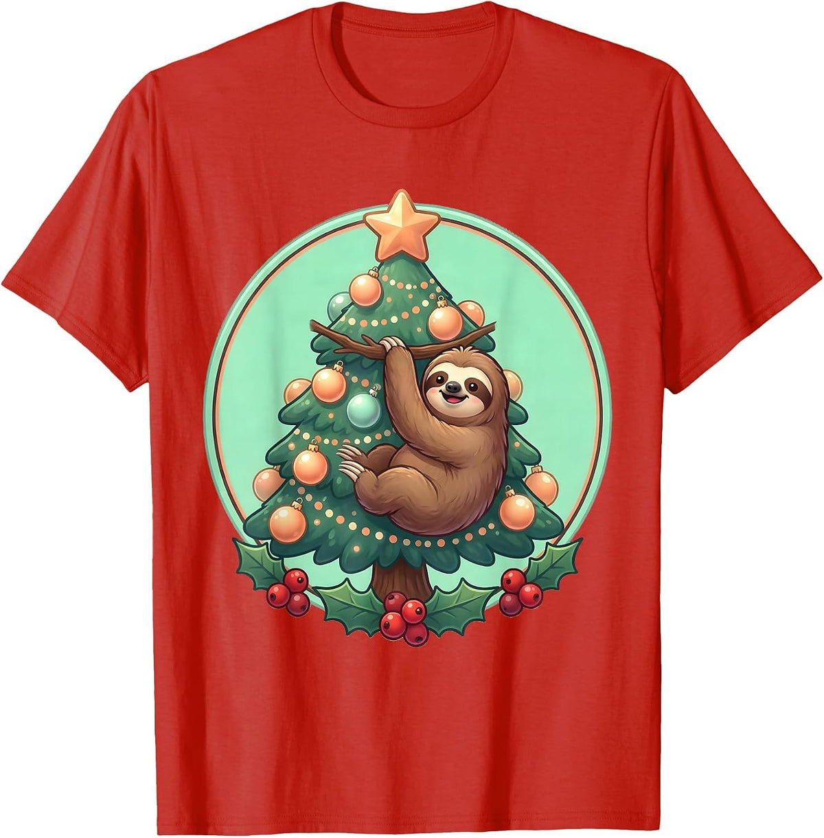 Men's Funny Sloth Hanging on Christmas Tree Holiday T-Shirt - Red