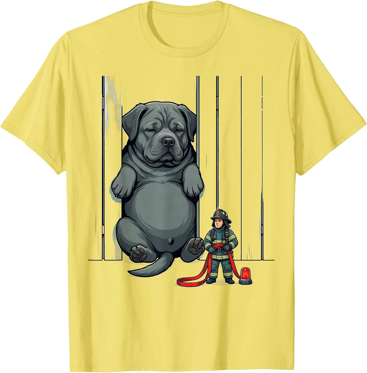 Men's Dog In Fence Firefighter Rescue Humor Novelty T-Shirt - Lemon Yellow