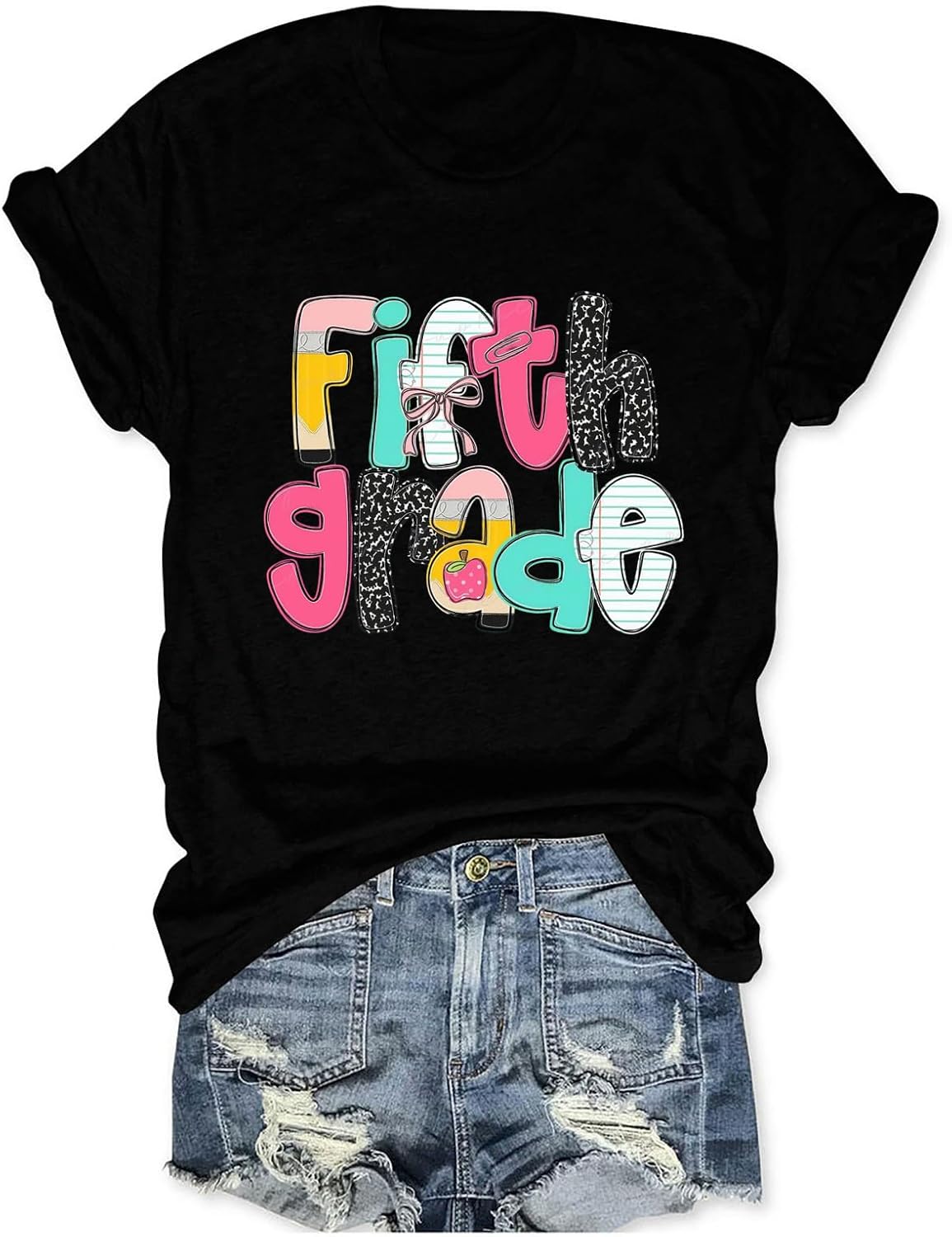 Fifth Grade Teacher Shirts Women Cute 5th Teaching Life Graphic Tee Shirt - Black