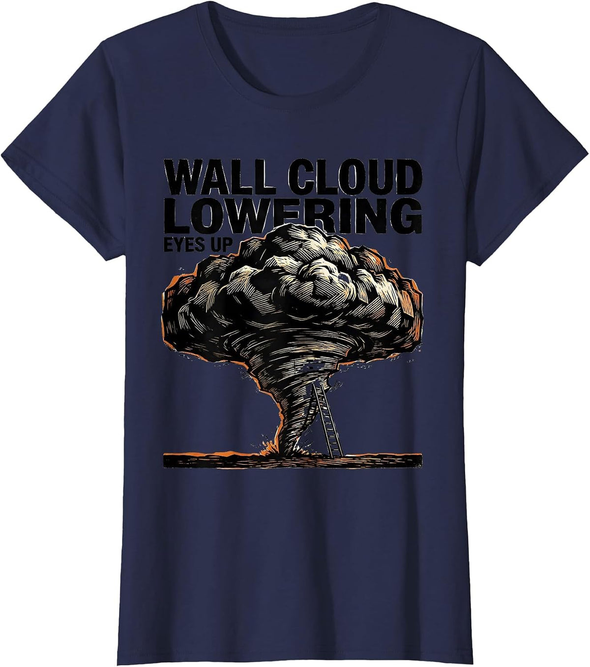Women's Wall Cloud Lowering Eyes Up Linocut Tornado Chaser T-Shirt - Navy Blue