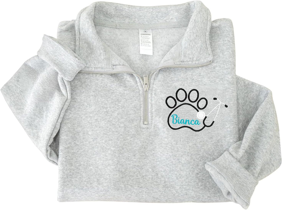 Custom Vet Tech Quarter Zip Sweatshirt, Personalized Embroidered Sweater for Veterinarian, Pet Clinic Team Uniform - Vet