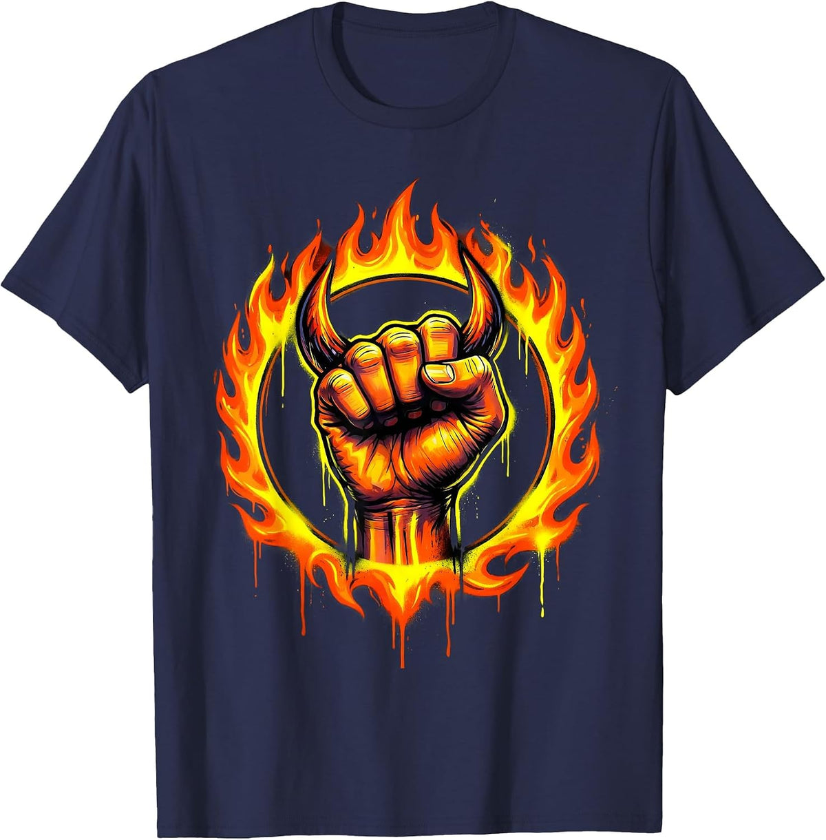 Devil Horns Ring of Fire Rock and Roll Graphic T-Shirt - Navy Blue