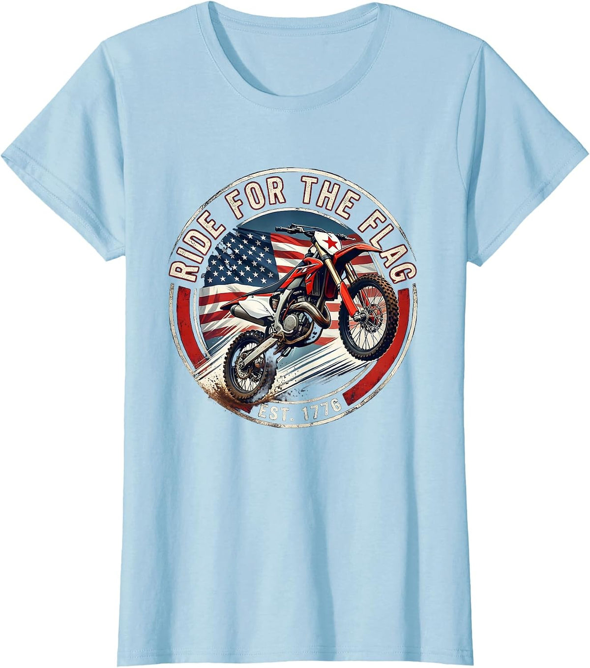 Ride For The Flag Patriotic Dirt Bike Biker Retro T-Shirt - Baby Blue