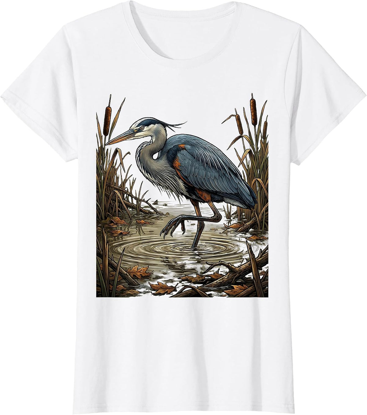 Great Blue Heron Bottomland Camo Hunting Design T-Shirt - White