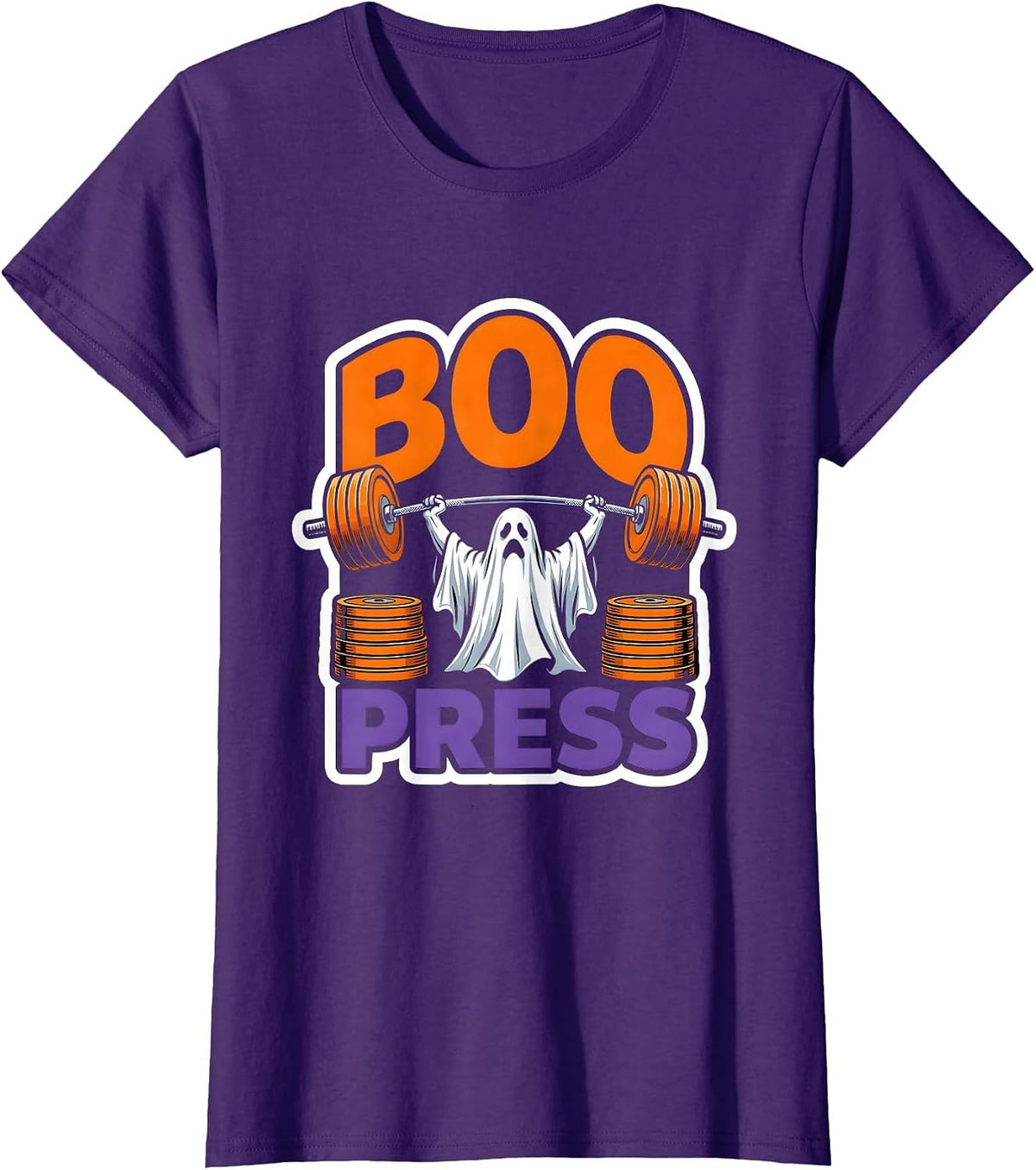 Women's Boo Press Funny Ghost Weight Lifting Gym Workout Halloween T-Shirt - Purple