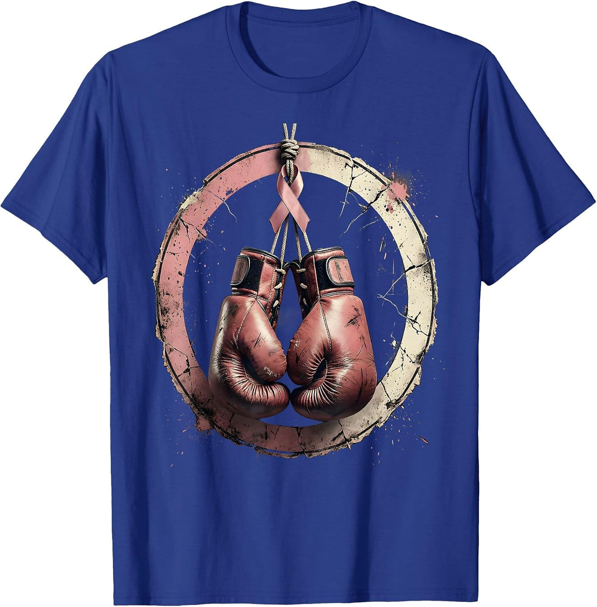 Men's Pink Ribbon Boxing Gloves Breast Cancer Awareness T-Shirt - Royal Blue