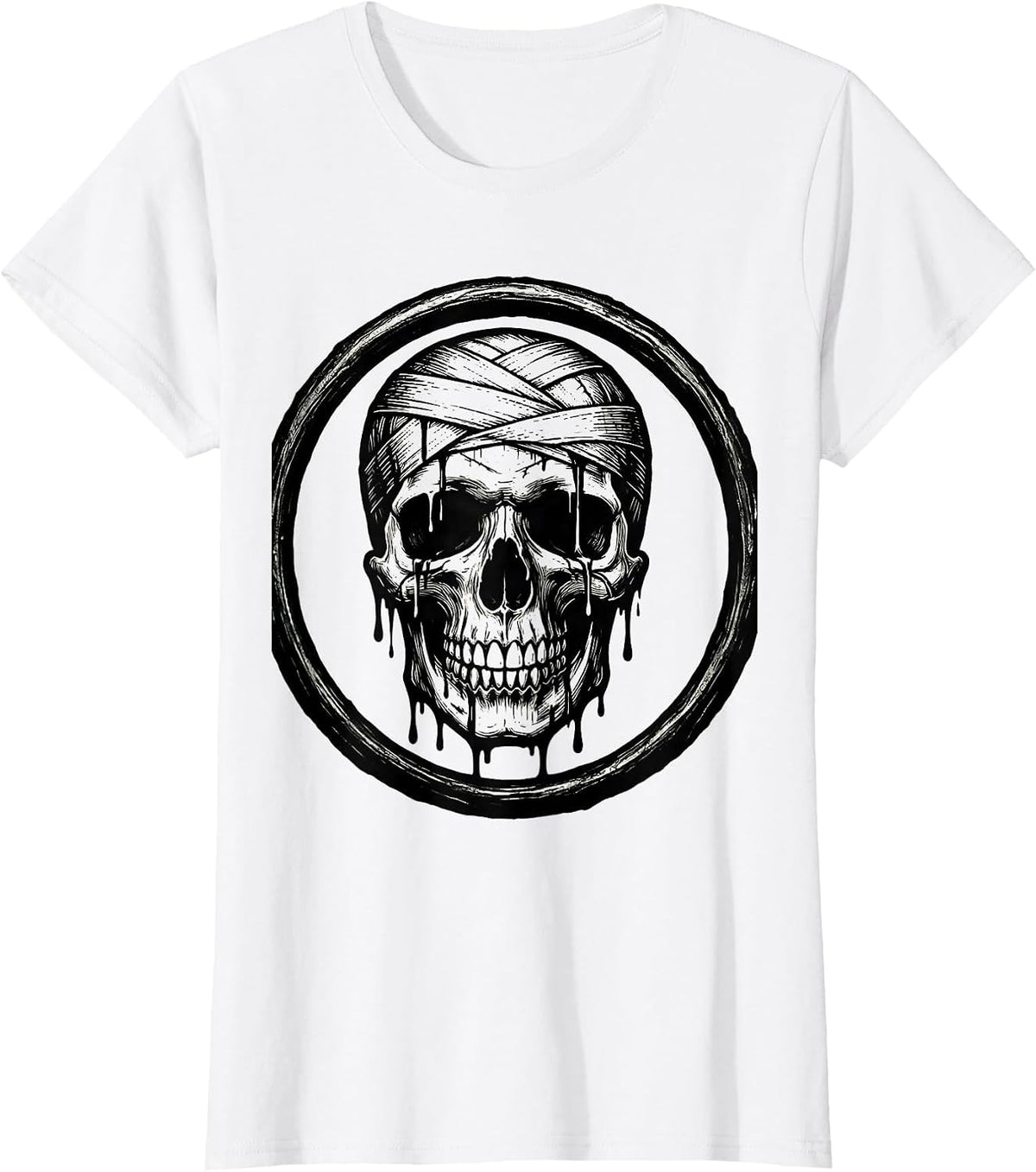 Smiling Skull Bandaged Dripping Wounds Graphic T-Shirt - White