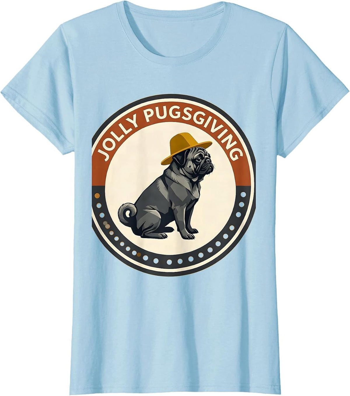 Women's Jolly Pugsgiving Midcentury Modern Pug Lover Thanksgiving T-Shirt - Baby Blue