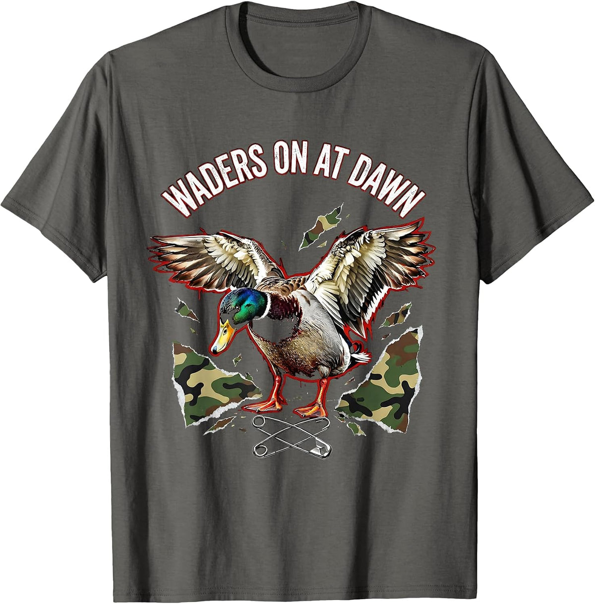Duck Camo Waders On At Dawn Hunting Design T-Shirt - Asphalt Grey