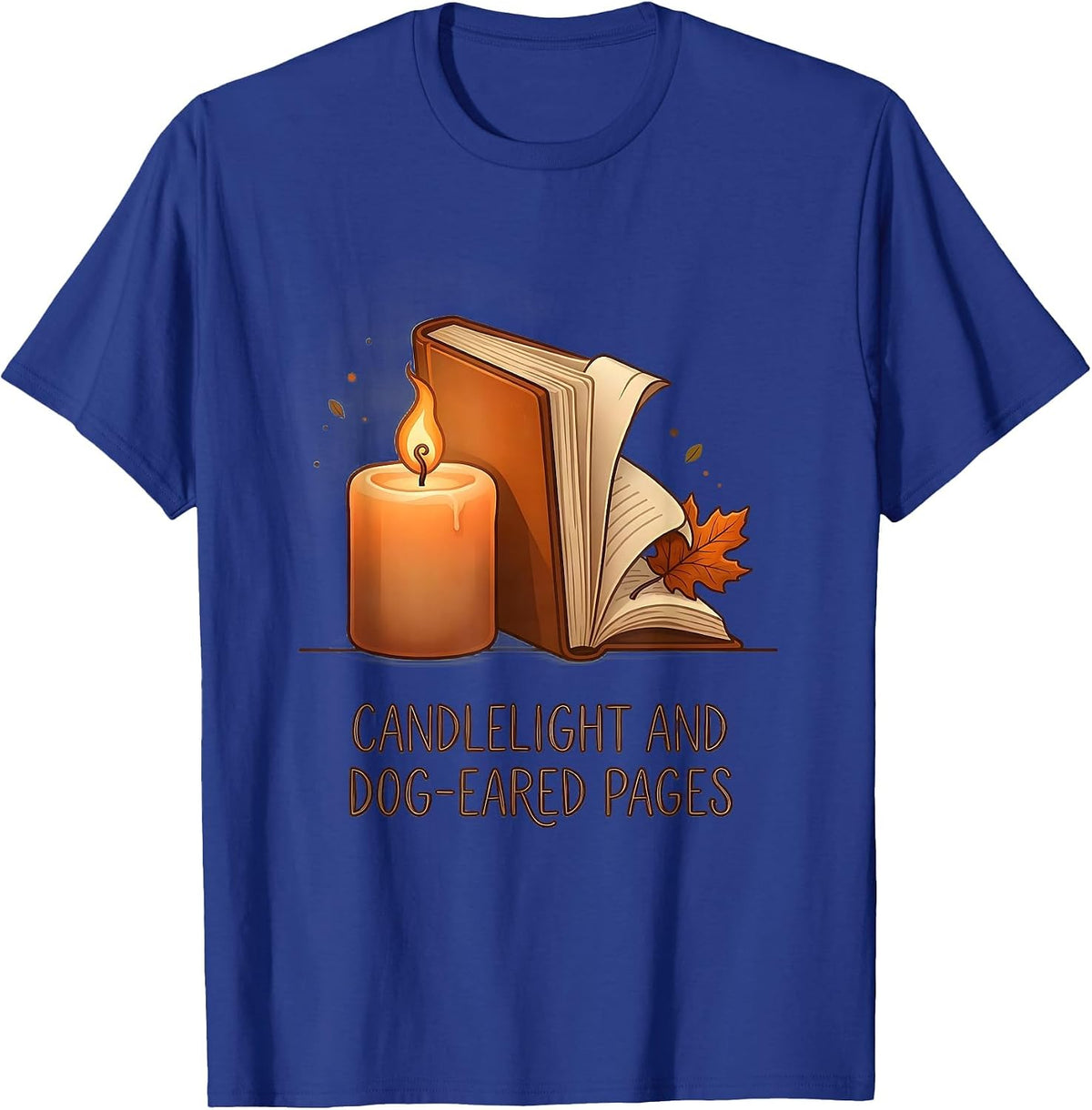 Candlelight And Dog-Eared Pages Cozy Fall Reading Teacher T-Shirt - Royal Blue