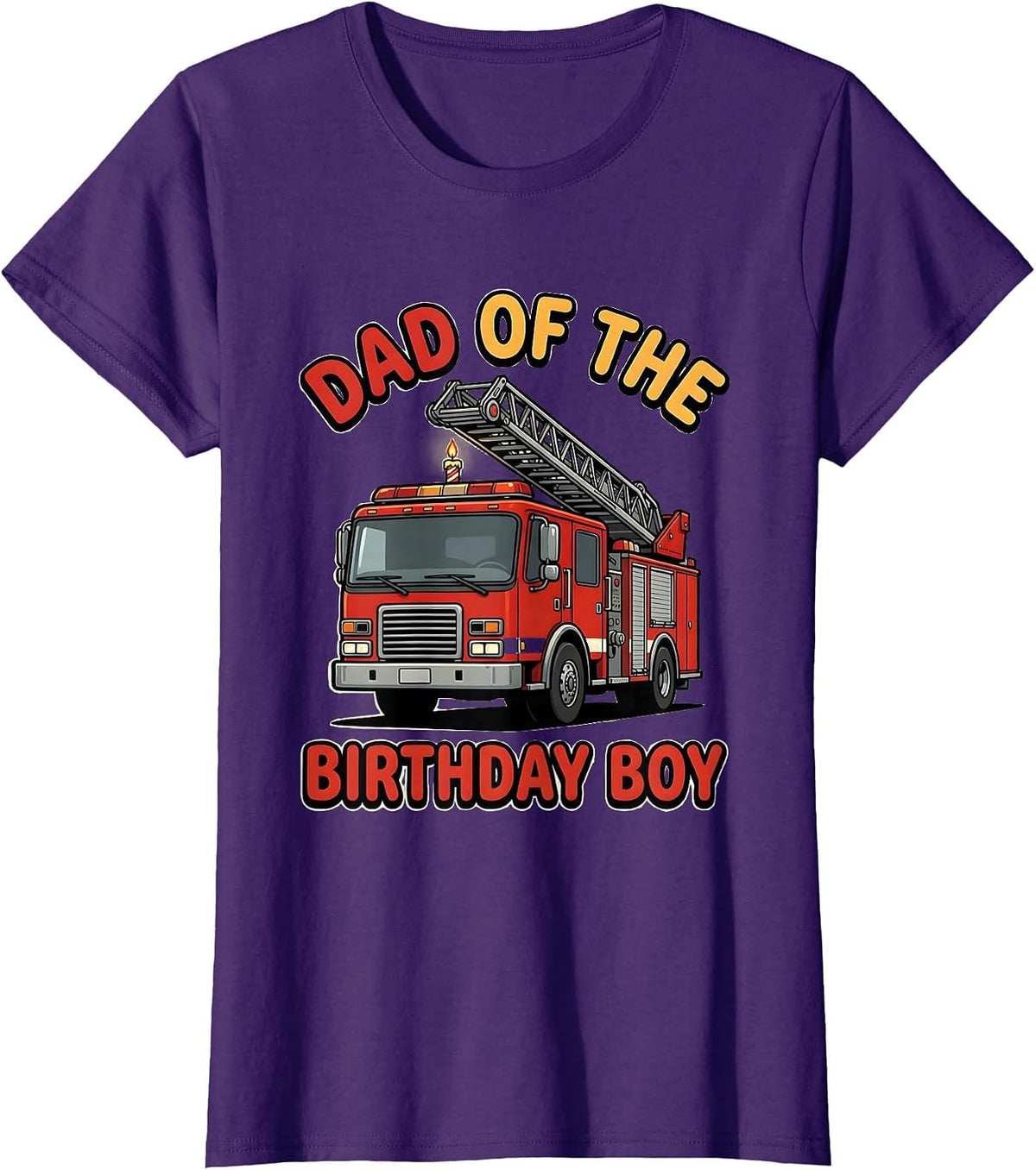 Women's Dad of the Birthday Boy Cartoon Fire Truck Firefighter T-Shirt - Purple