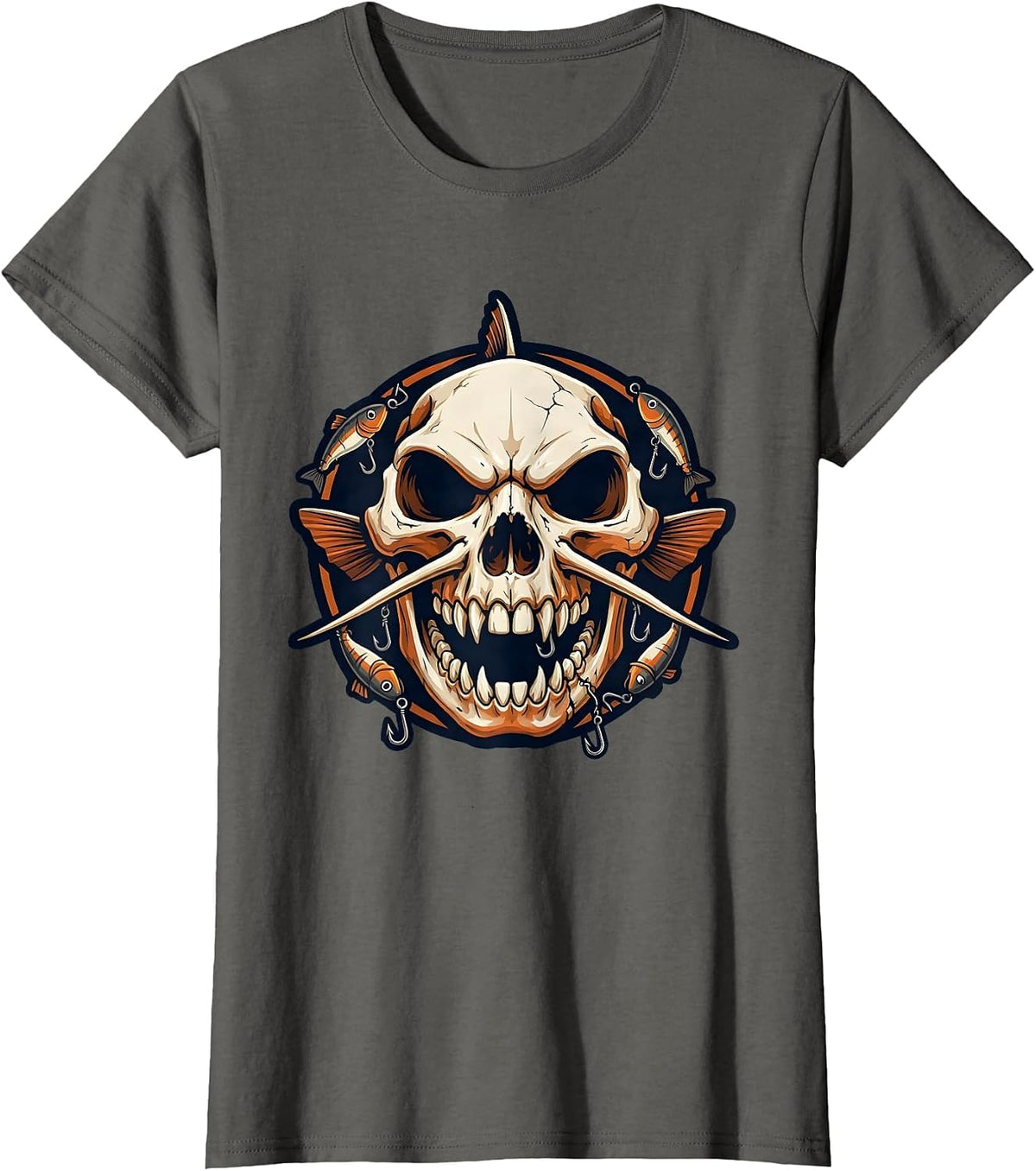 Women's Catfish Skull Hooks and Lures Fishing Graphic T-Shirt - Asphalt Grey