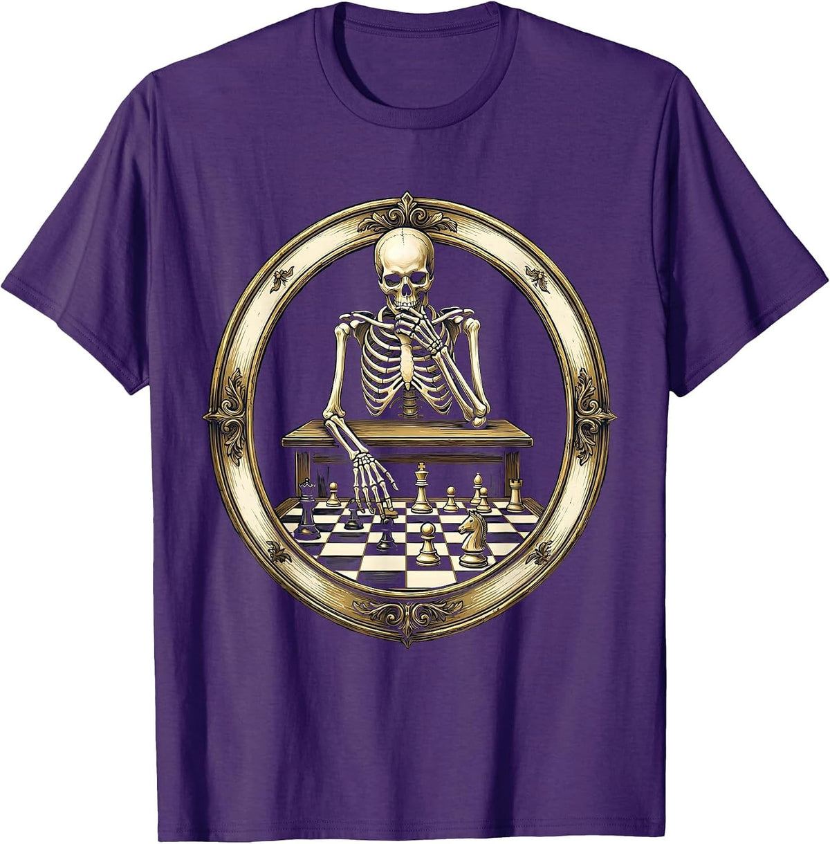Skeleton Playing Chess Alone Illustration T-Shirt - Purple