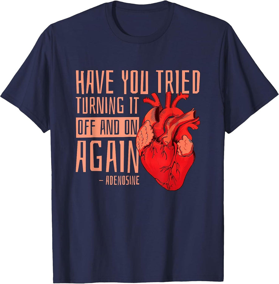 Turn it Off and on Again Adenosine Cardiac Nurse T-Shirt - Navy Blue
