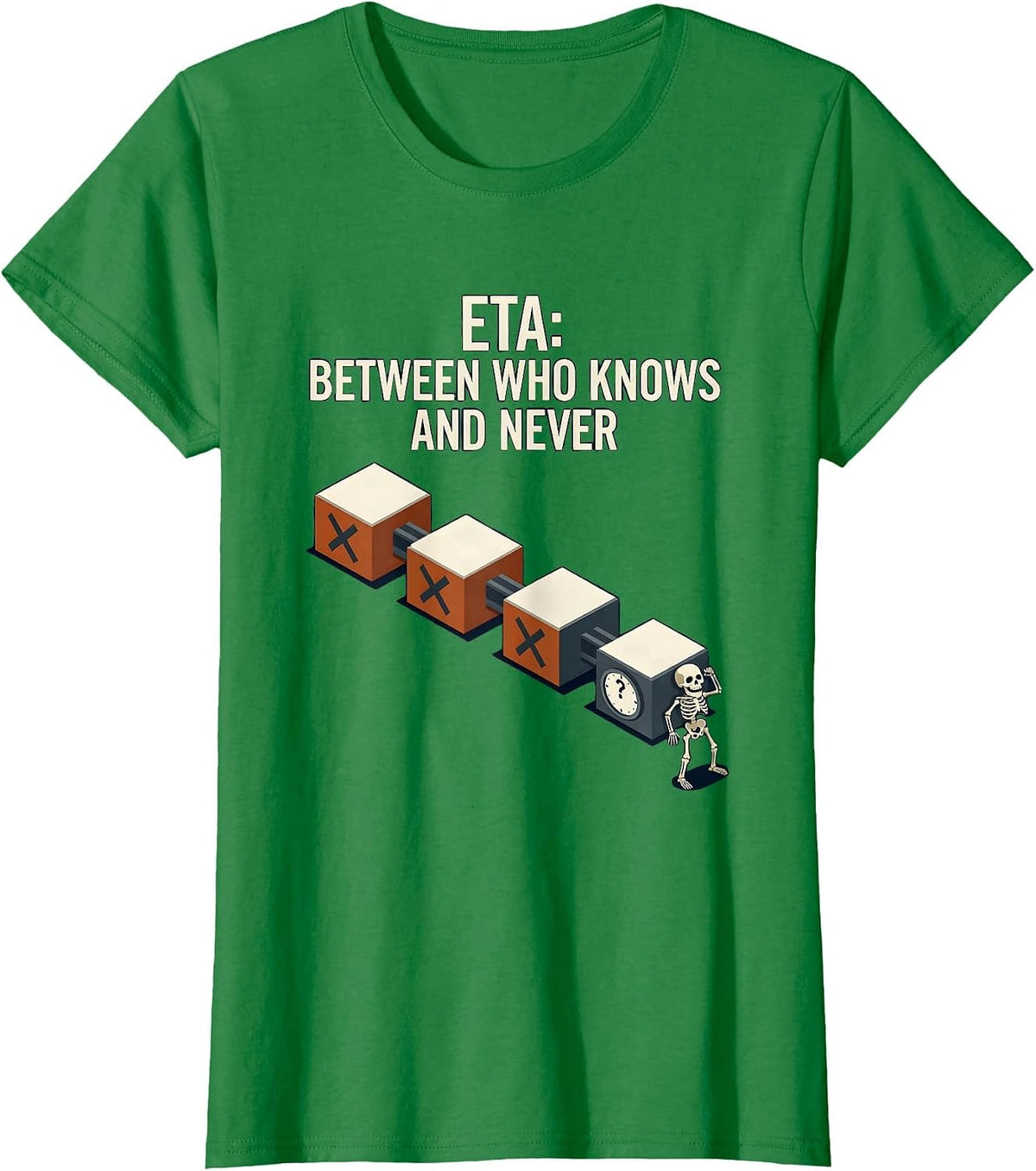ETA Between Who Knows And Never Funny Mechanic Skeleton T-Shirt - Kelly Green