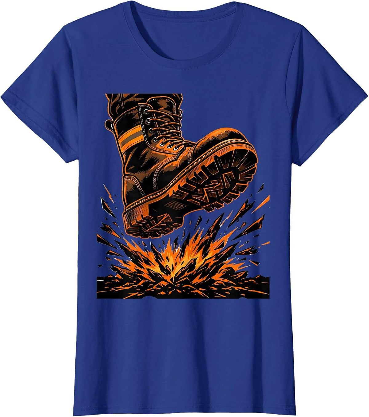 Women's Firefighter Boot Stomping Embers Graphic Tee T-Shirt - Royal Blue