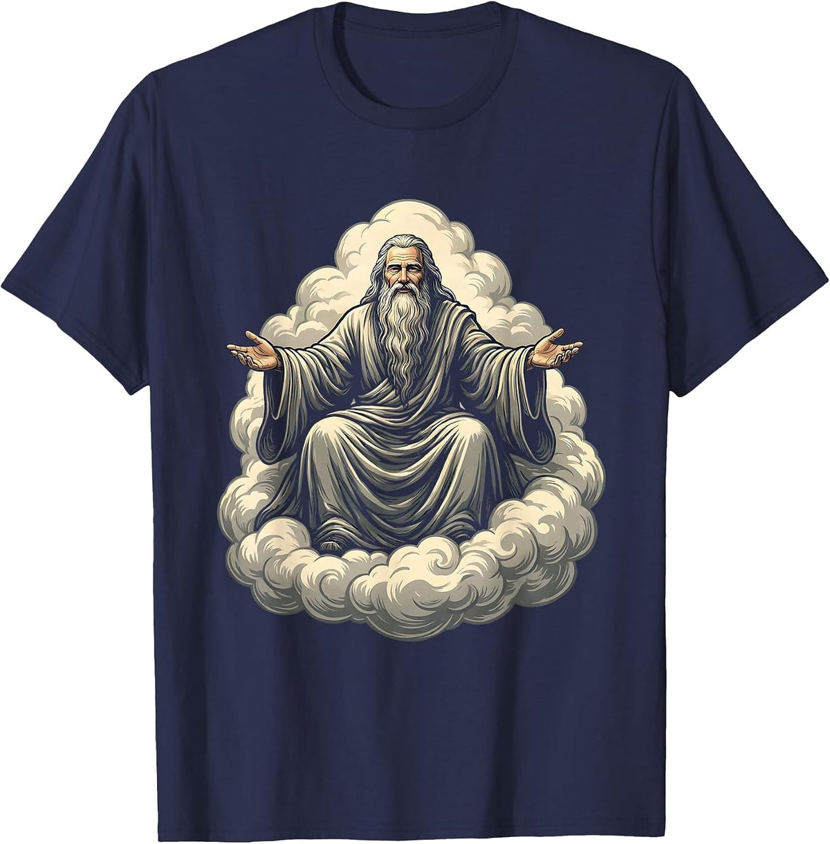 Men's Bearded Elder on Clouds Celestial Art Design T-Shirt - Navy Blue
