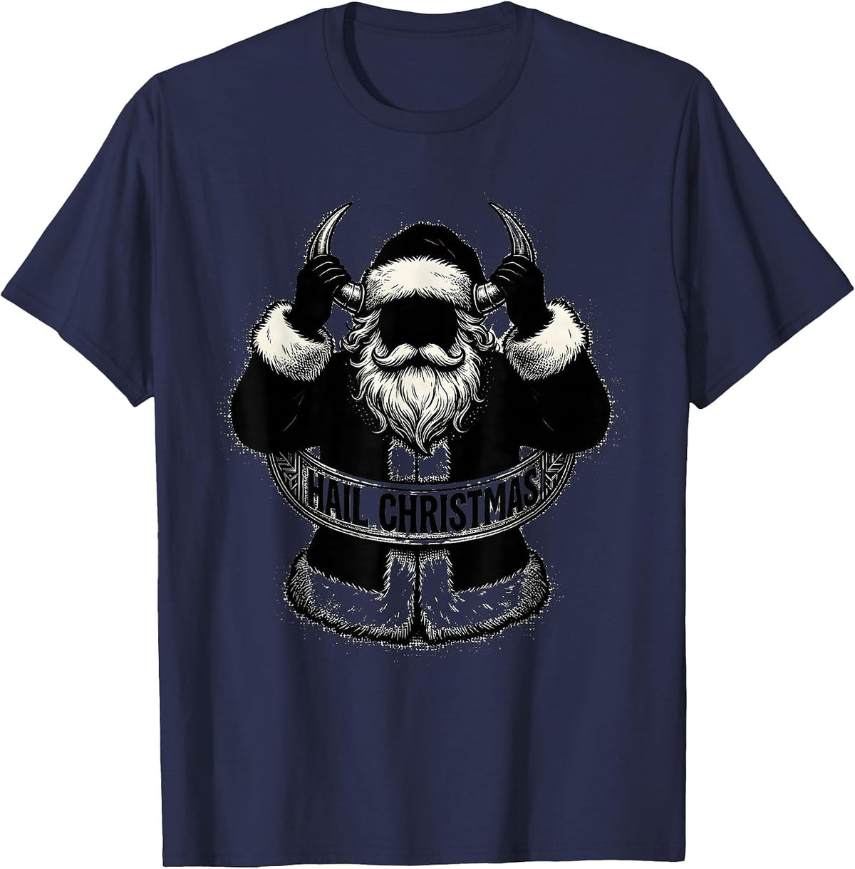 Hail Christmas Blackwork Dotwork Heavy Metal Santa Parody T-Shirt - Navy Blue