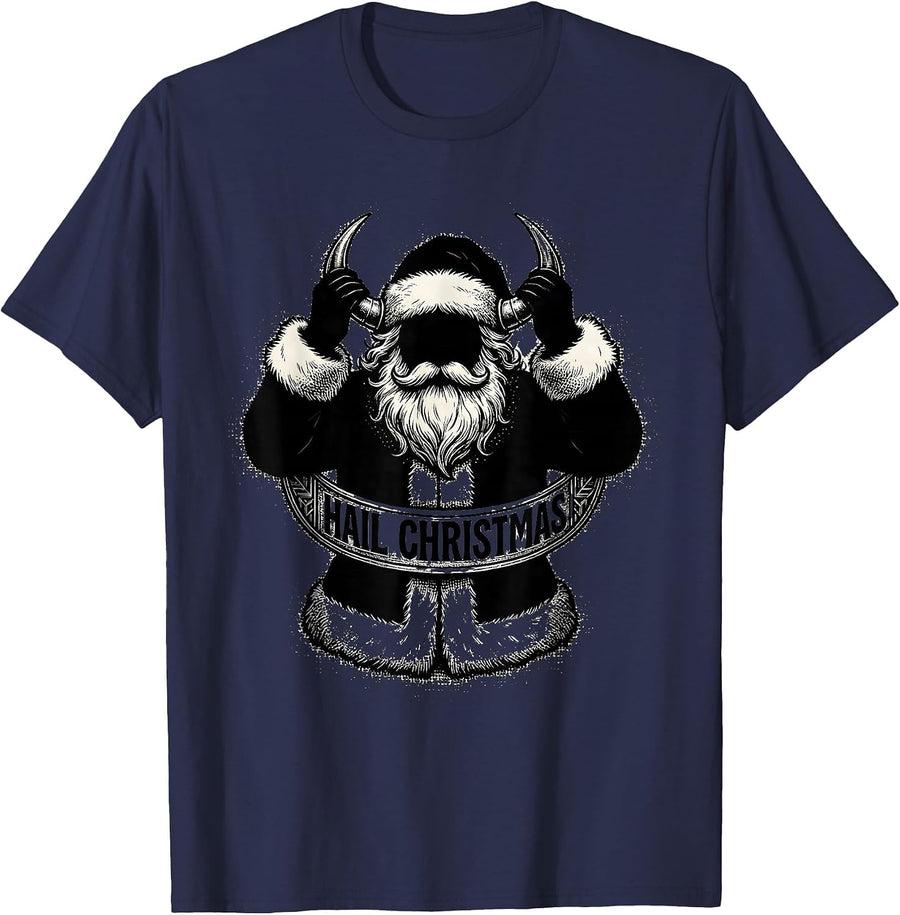 Hail Christmas Blackwork Dotwork Heavy Metal Santa Parody T-Shirt - Navy Blue