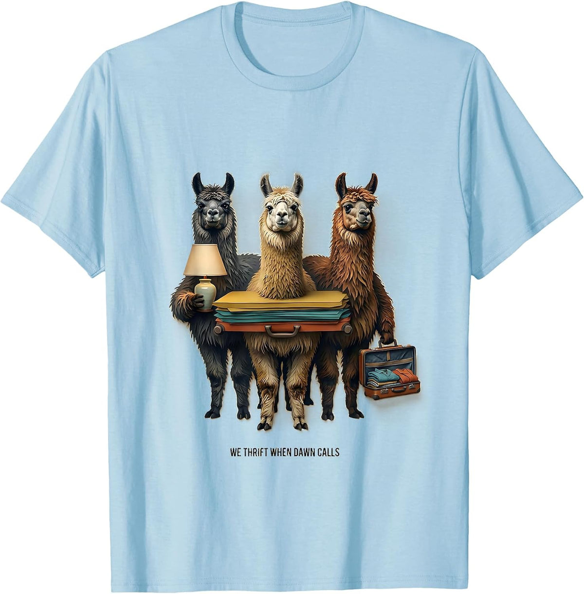 Men's We Thrift When Dawn Calls Paper Cutout Llama Thrifting Humor T-Shirt - Baby Blue