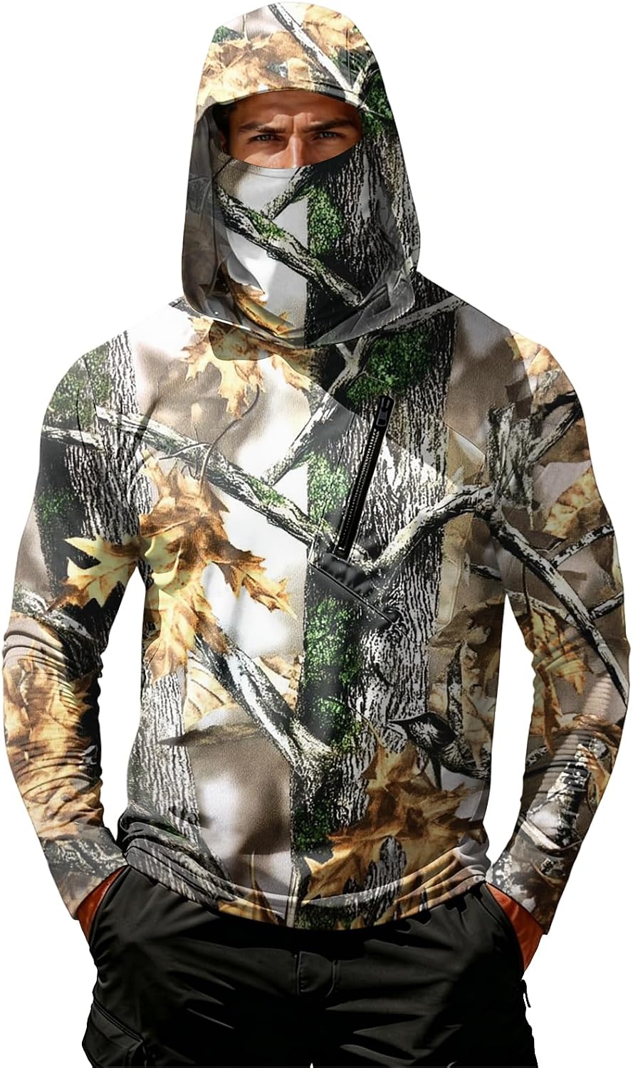 Camo Long Sleeve Shirt Men Sun Protection Hooded Fishing Shirts with Face Mask Lightweight Uv Upf 50 Hunting Shirt -