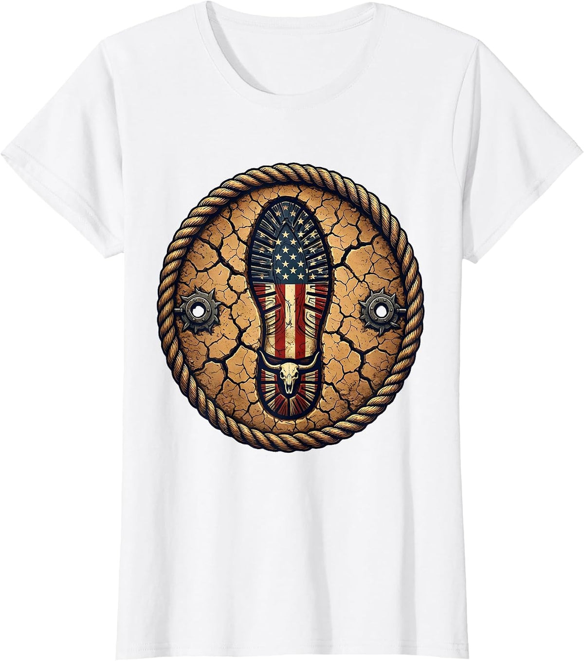 Women's Soldier Boot Print Stamped in Earth Patriotic Tee T-Shirt - White