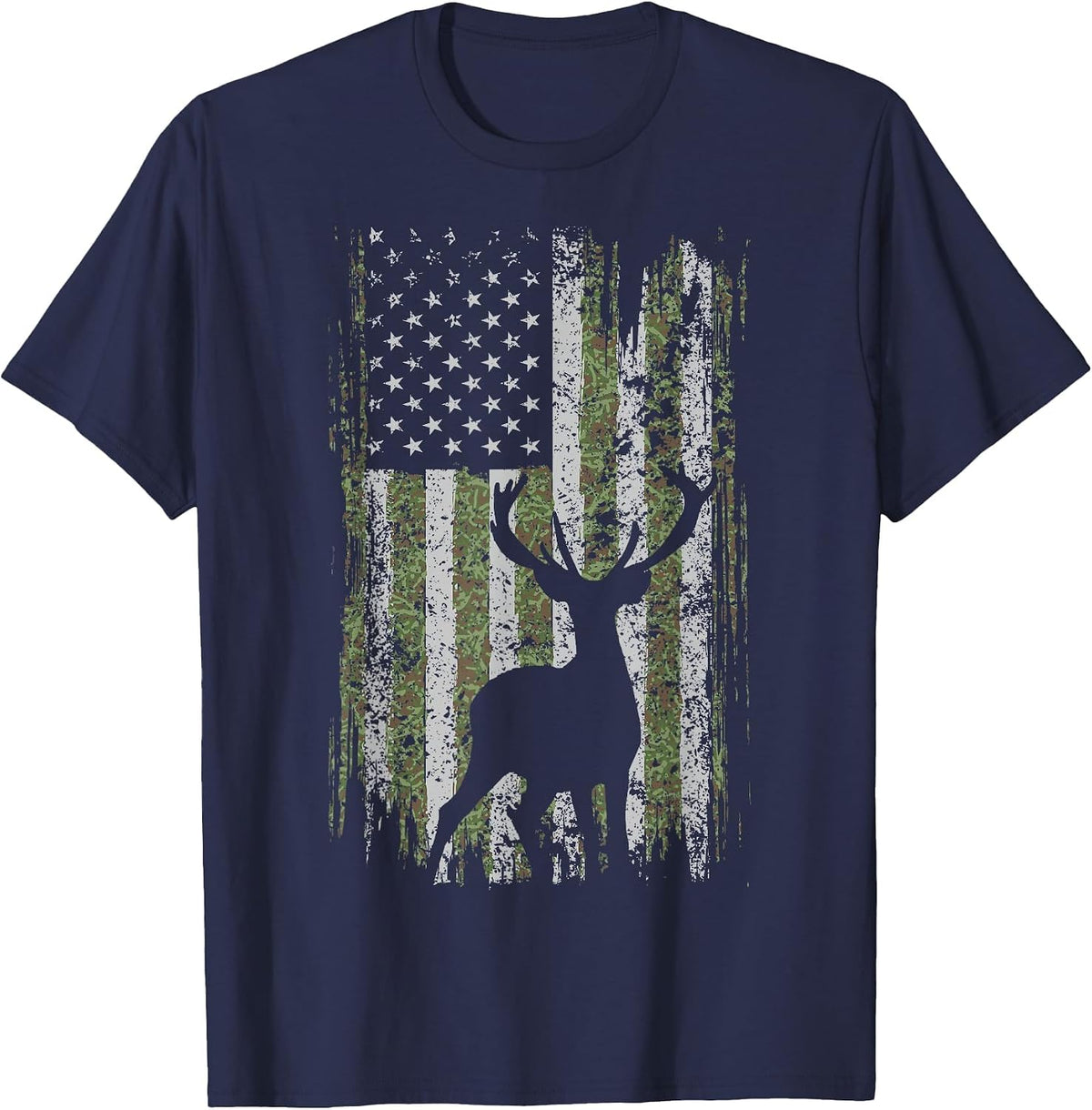 Camo USA Flag Deer Elk Buck Camoflage Hunting for a Hunter T-Shirt - Navy Blue