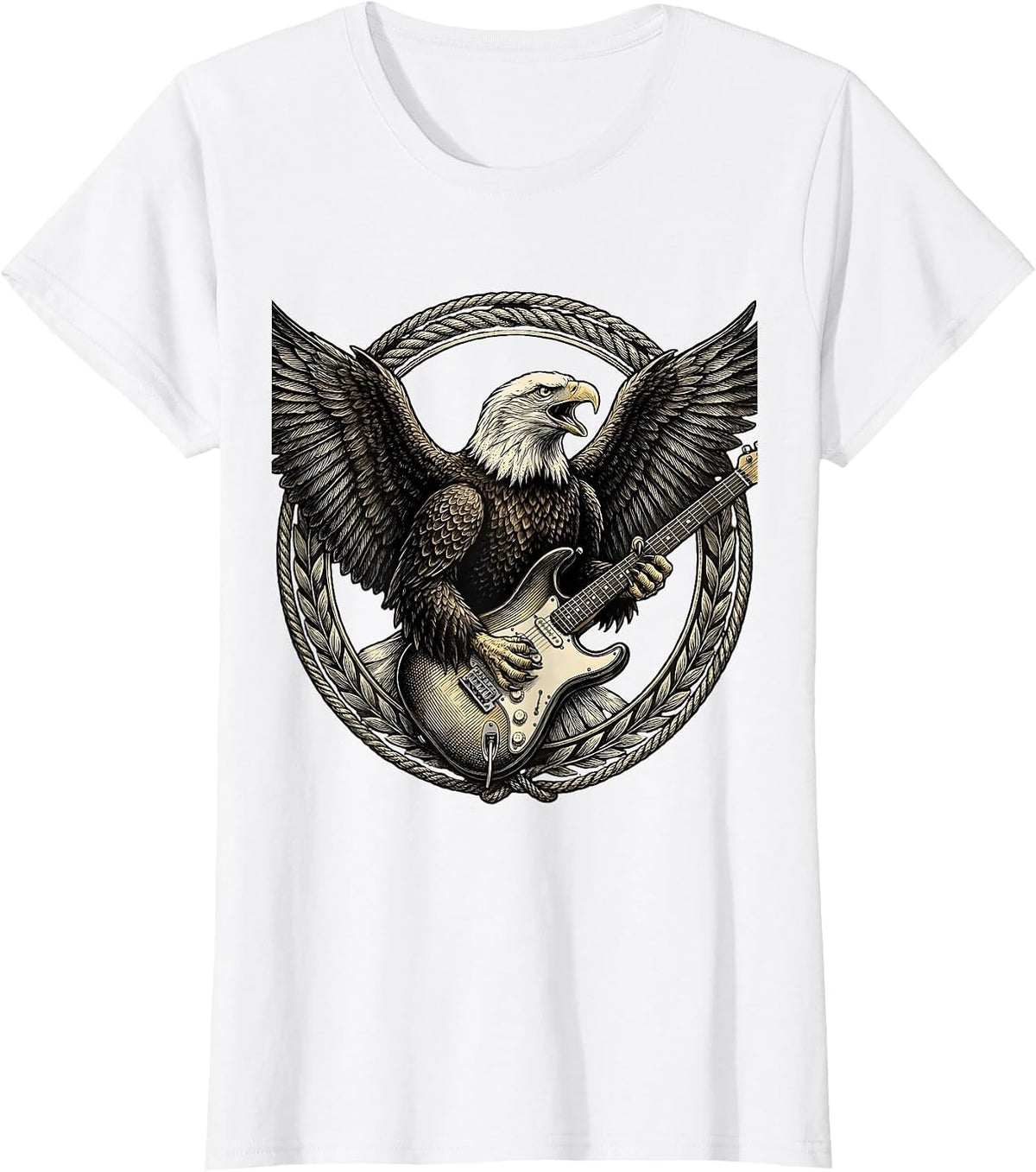 Eagle Clutching Electric Guitar Rock Band Graphic T-Shirt - White