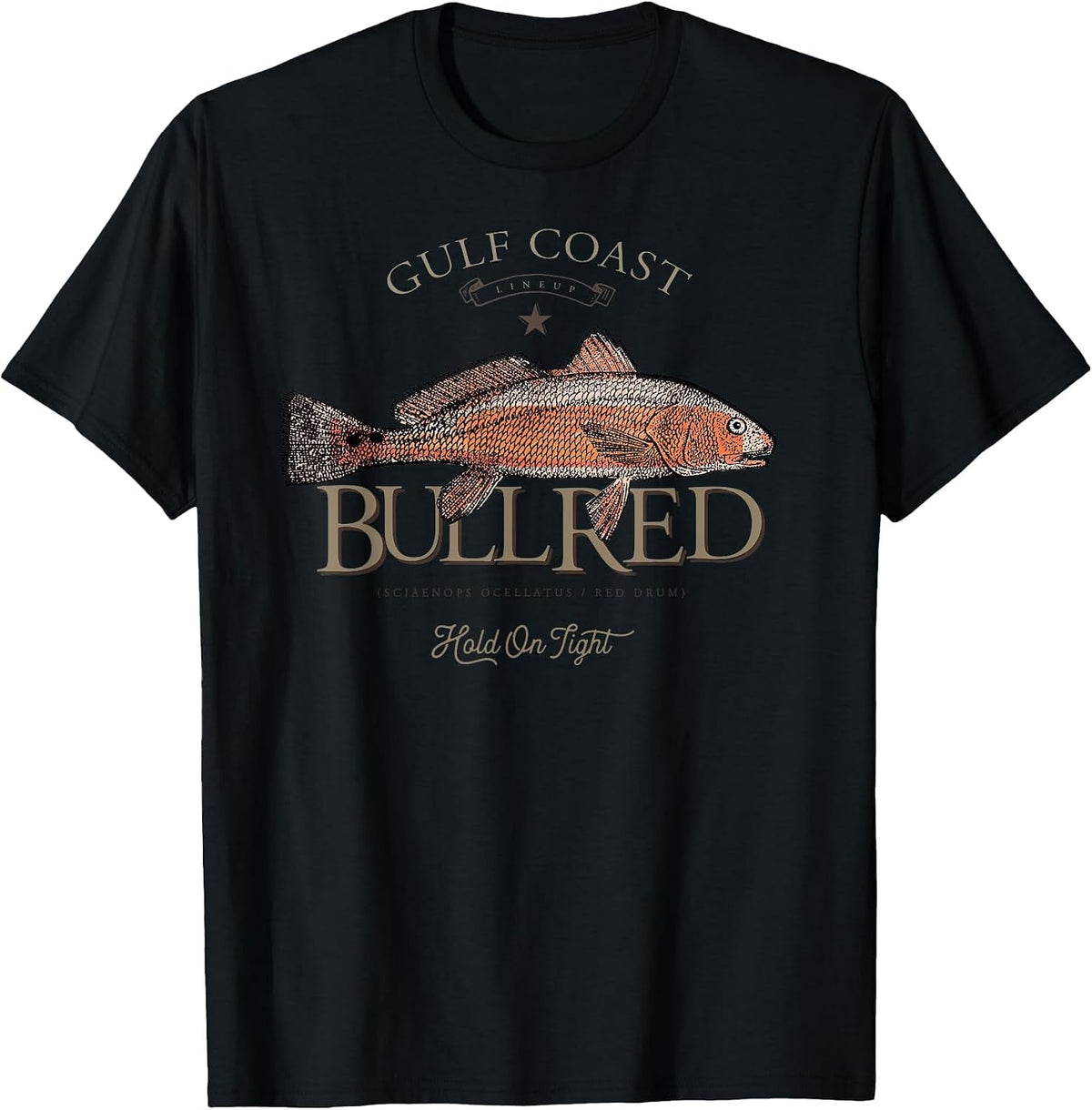 Fishing Gulf Red Drum Redfish Bull Red T-Shirt - Black