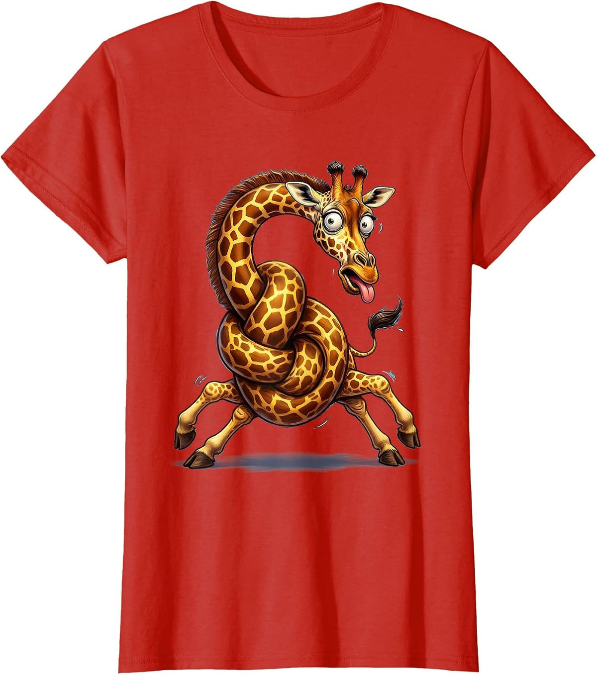 Women's Derpy Giraffe Tangled Neck Funny Animal Art T-Shirt - Red