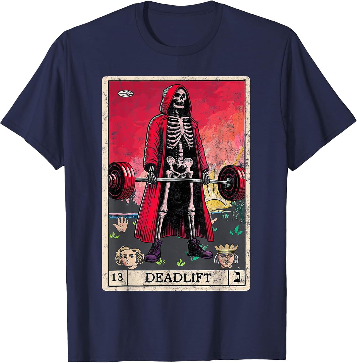 Vintage Deadlift Skeleton Halloween Gym Jokes Weightlifting T-Shirt - Navy Blue