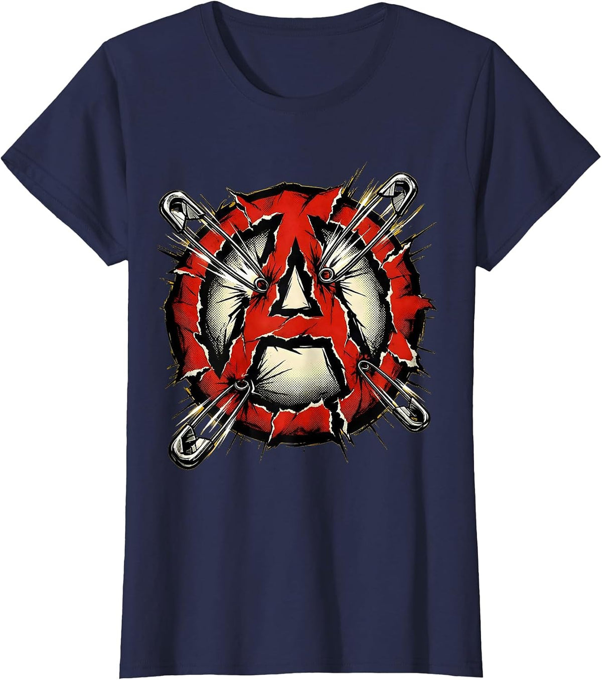 Women's Punk Anarchy Symbol Ripped Safety Pin Design T-Shirt - Navy Blue