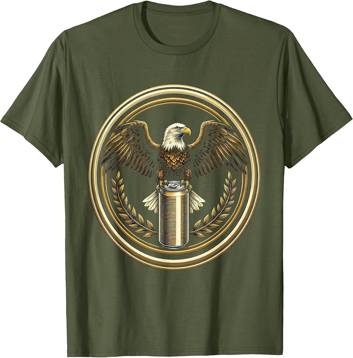 Men's Eagle Perched on Towering Soda Can Stack T-Shirt - Olive Green