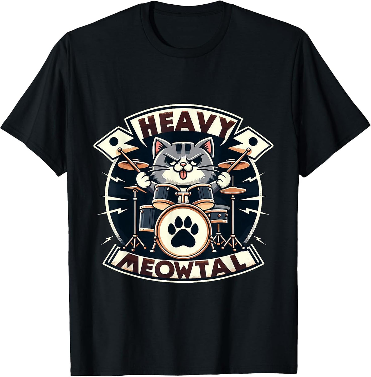 Heavy Meowtal Rock Music Drummer Cat T-Shirt - Black