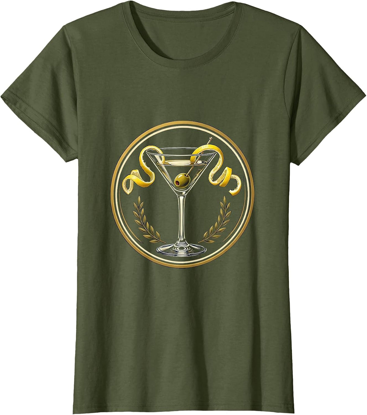 Women's Martini Glass Lemon Twist Illustration T-Shirt - Olive Green